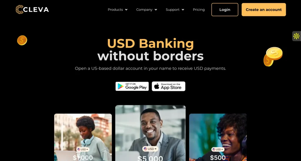 screenshot of Cleva's homepage showing how to receive dollars in Nigeria.