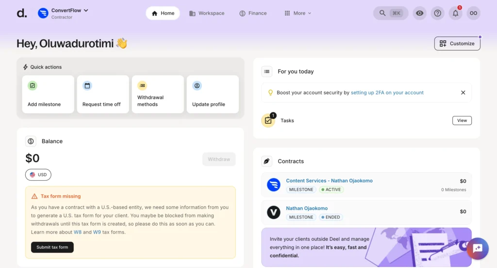 screenshot of Dee's contractor dashboard.
