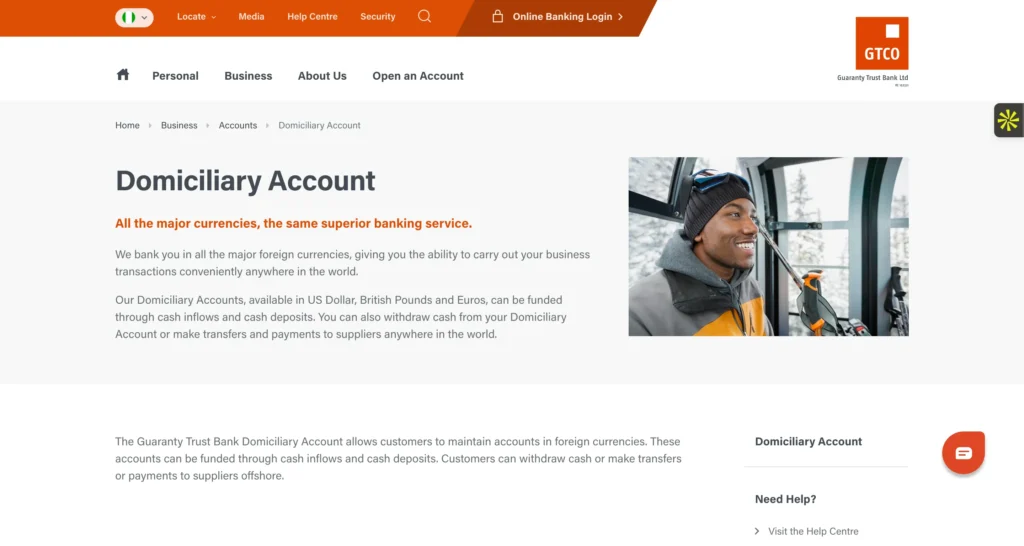 screenshot of GTBank's webpage showing how to open a domiciliary account.