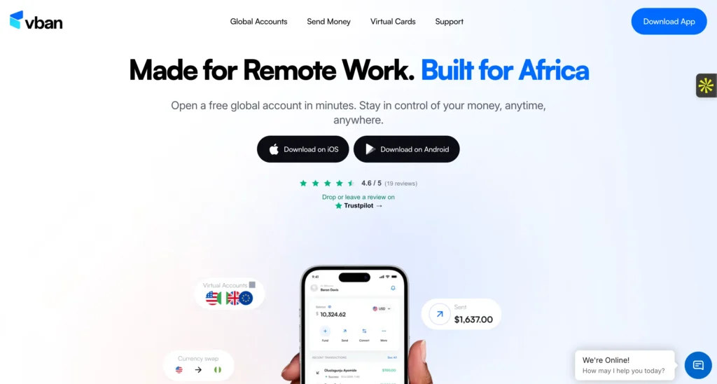 screenshot of vban's homepage showing how to receive dollars in Nigeria.
