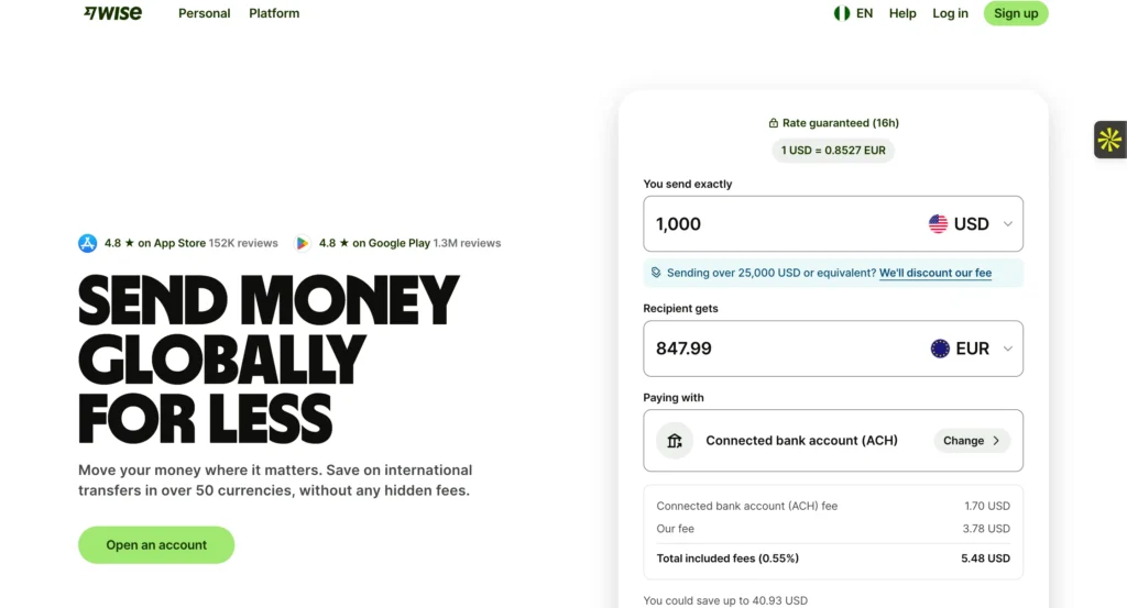screenshot of a Wise webpage showing exchange rates.